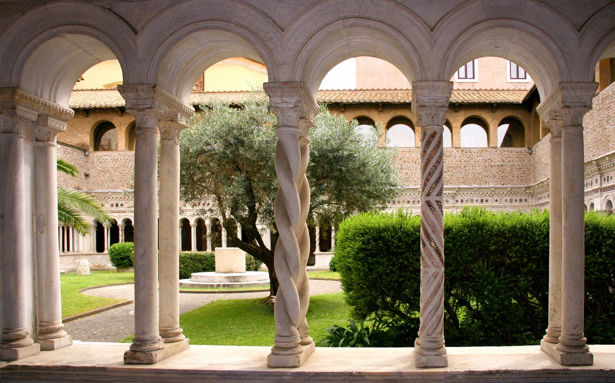The cloister of the Lateran basilica in Rome with its twisted columns.