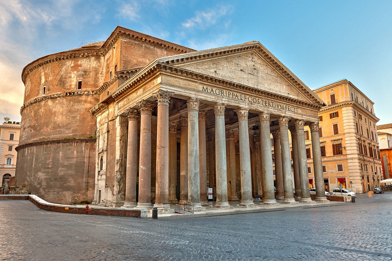 The portico of the Pantheon in Rome with its granite columns and the inscription on the pediment.