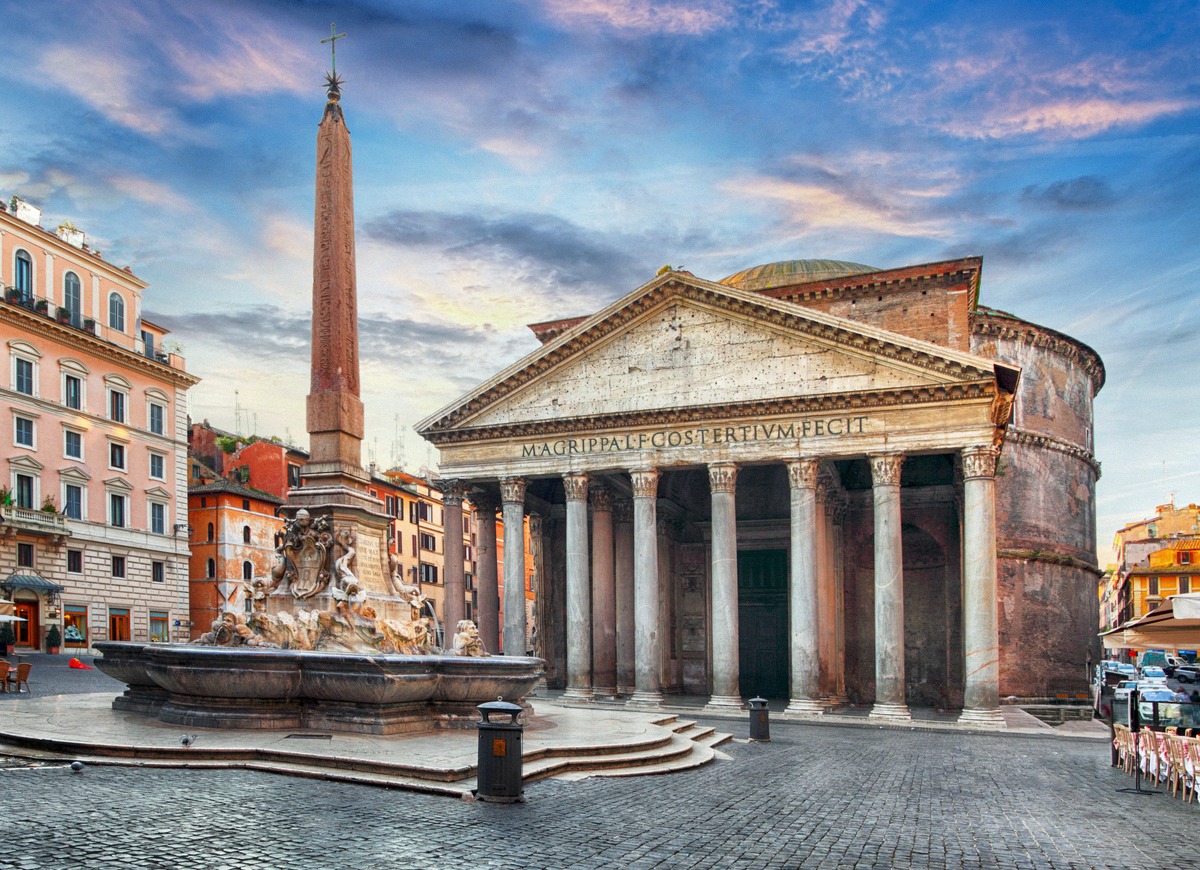 The Pantheon and the obelisk on Piazza della Rotonda in Rome.